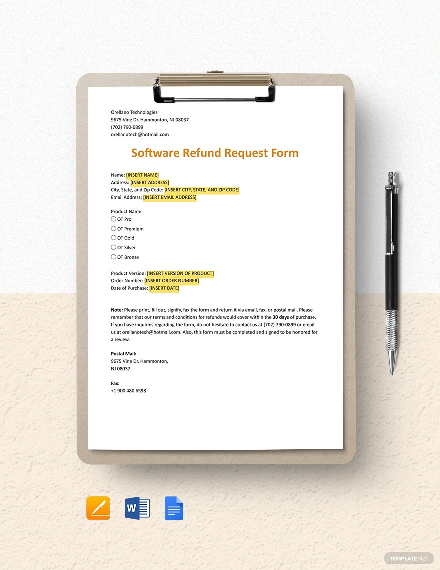 Software Refund Request Form Template Google Docs Word Apple Pages