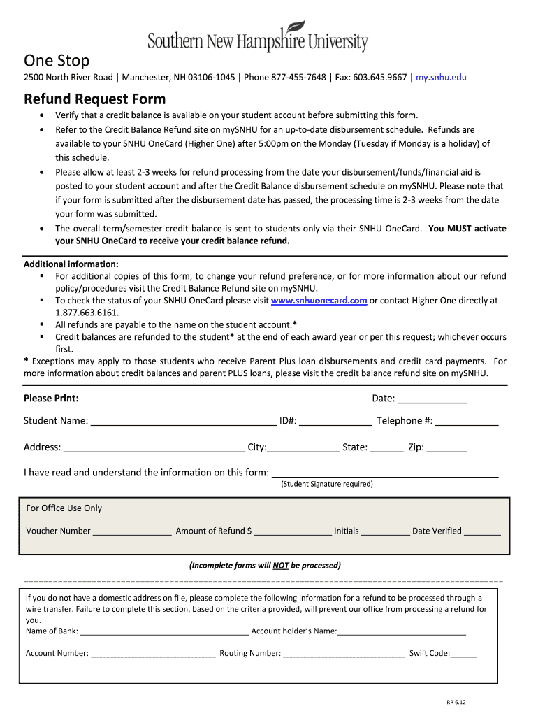 Southern New Hampshire University Refund Request Form 2012 2022 Fill 