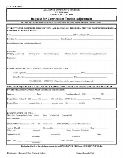 Tuition Refund Request Form Alamance Community College