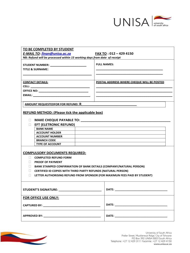 Unisa Refund Form Fill Out And Sign Printable PDF Template SignNow