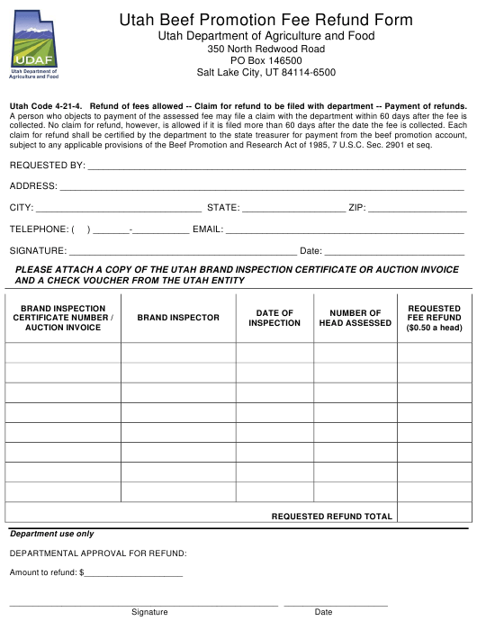 Utah Utah Beef Promotion Fee Refund Form Download Printable PDF