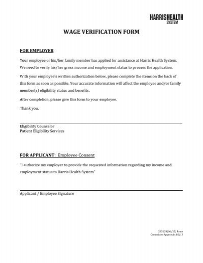 WAGE VERIFICATION FORM Harris Health